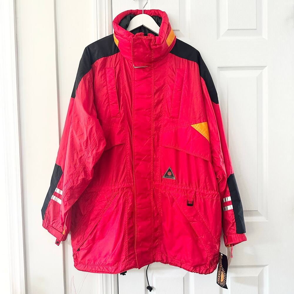 Sunbuster Red Colorblock Deadstock NOS Long Windbreaker Jacket Large Reflectors